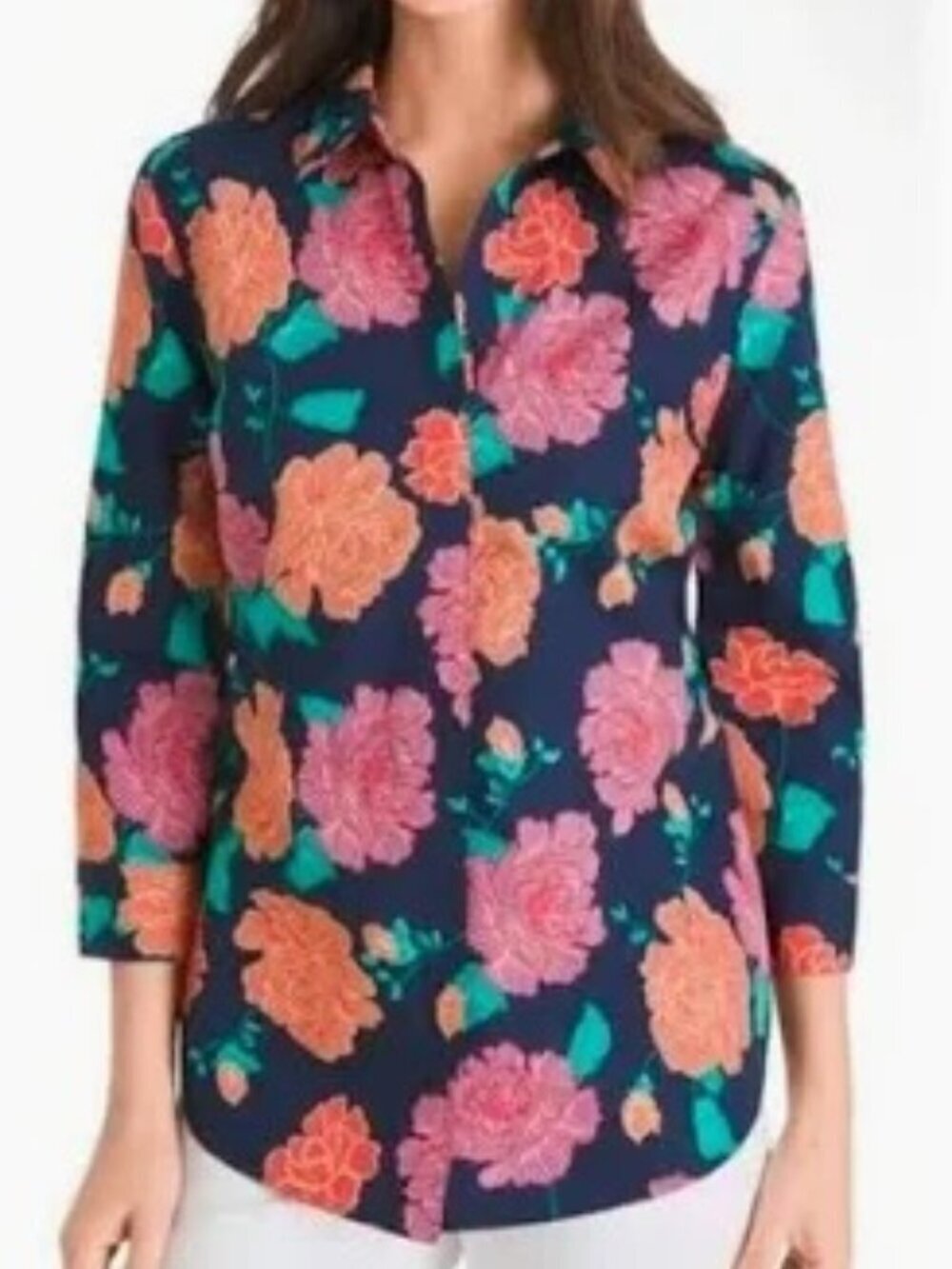 NEW NWT Chico's No Iron Shirt Button Up Navy Floral Blouse Stain Shield sz. M(1)